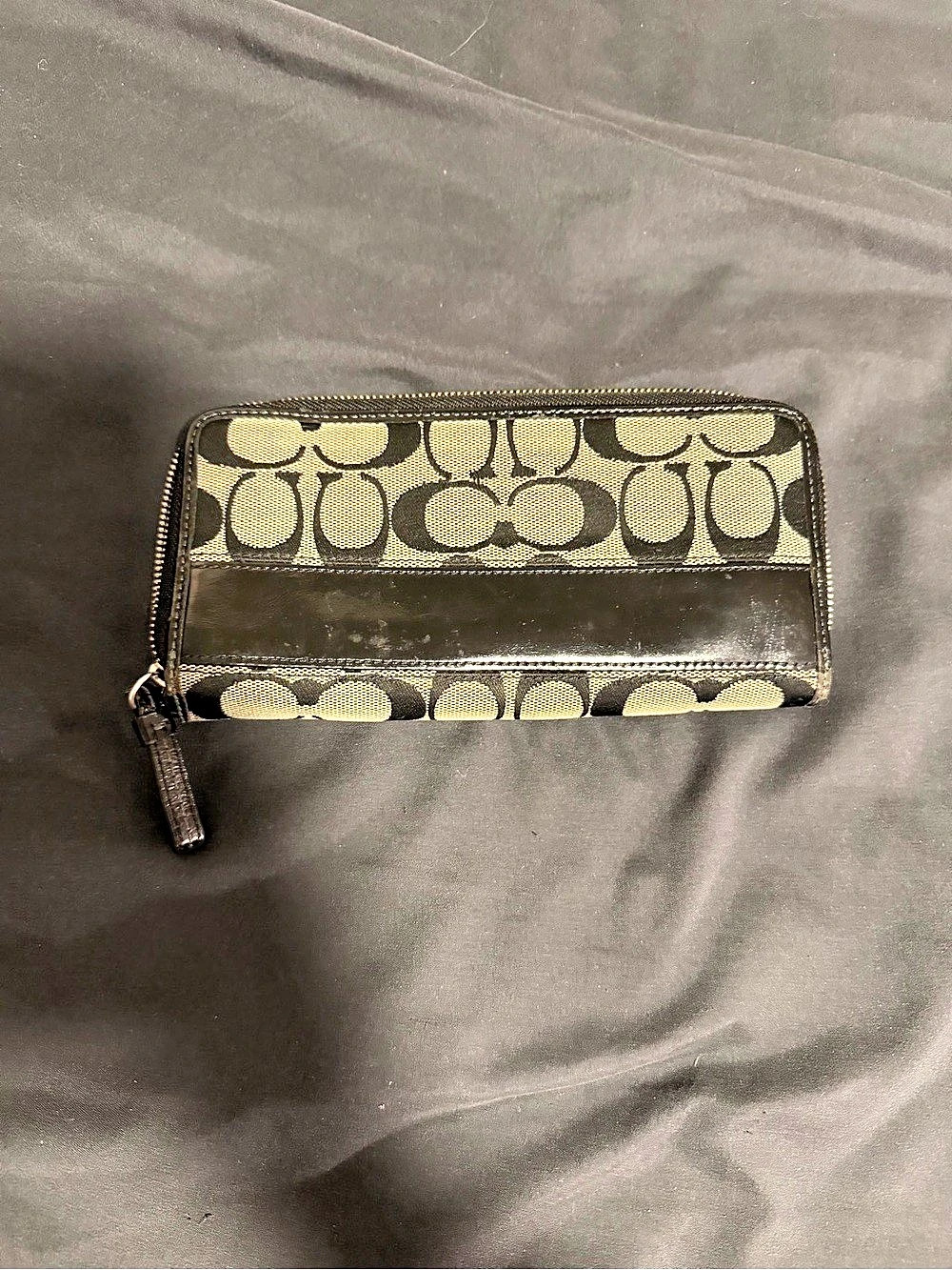 Coach Signature C Black Jacquard and Patent Trim Zip Around Wallet Patent Trim